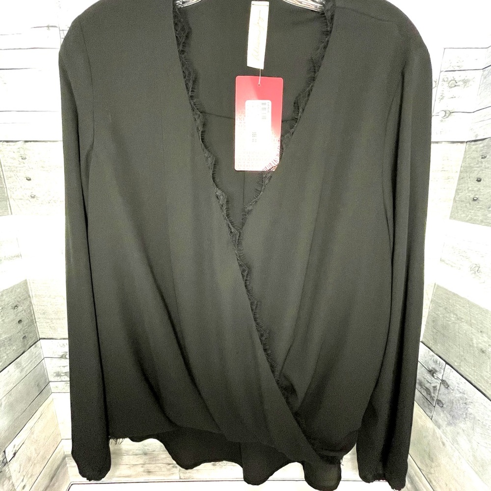 Allison Joy black faux wrap blouse with lace trim